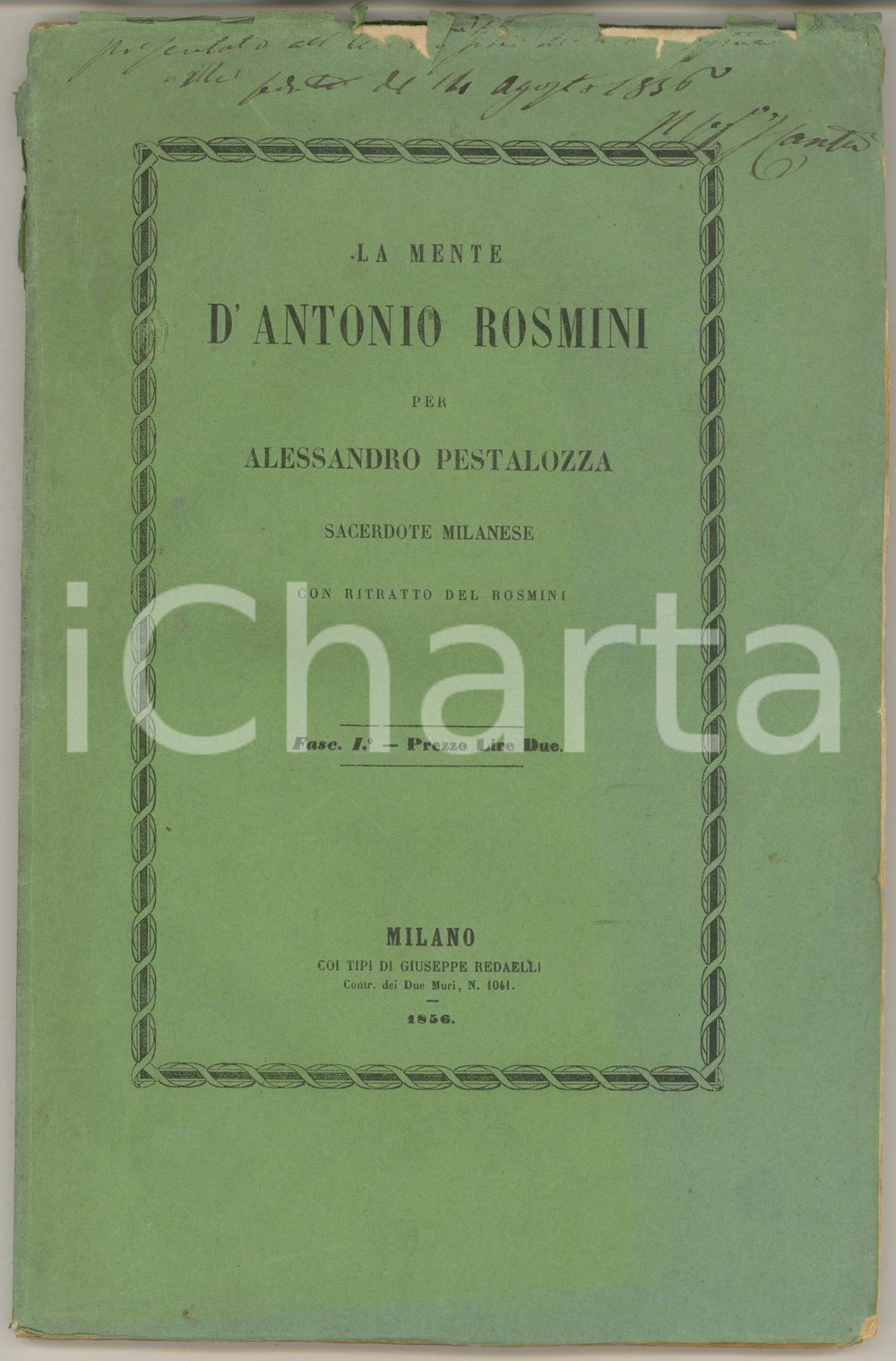 Libro, pubblicazione d'epoca 1856 A. PESTALOZZA La mente di Antonio Rosmini *Invio AUTOGRAFO Ignazio CANTU' 1