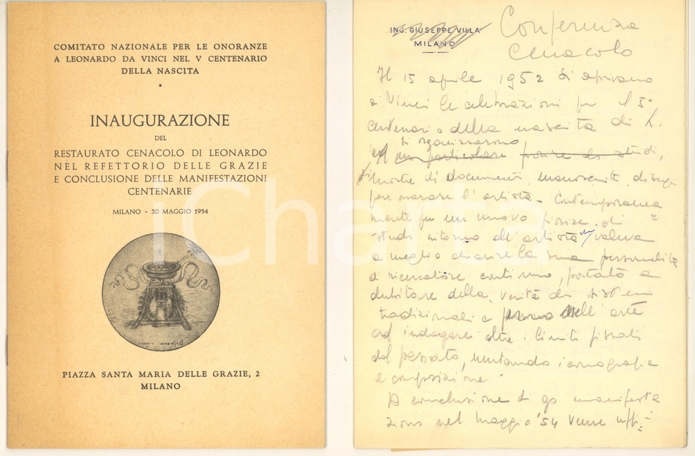 Libro, pubblicazione d'epoca 1954 MILANO Inaugurazione del restaurato Cenacolo di Leonardo *Con manoscritto 1