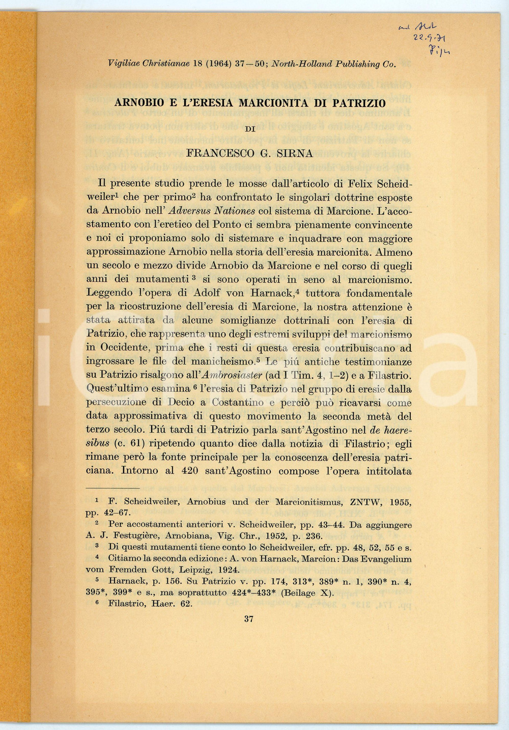 Libro, pubblicazione d'epoca 1964 Francesco G. SIRNA Arnobio e l'eresia marcionita di Patrizio AUTOGRAFO 1