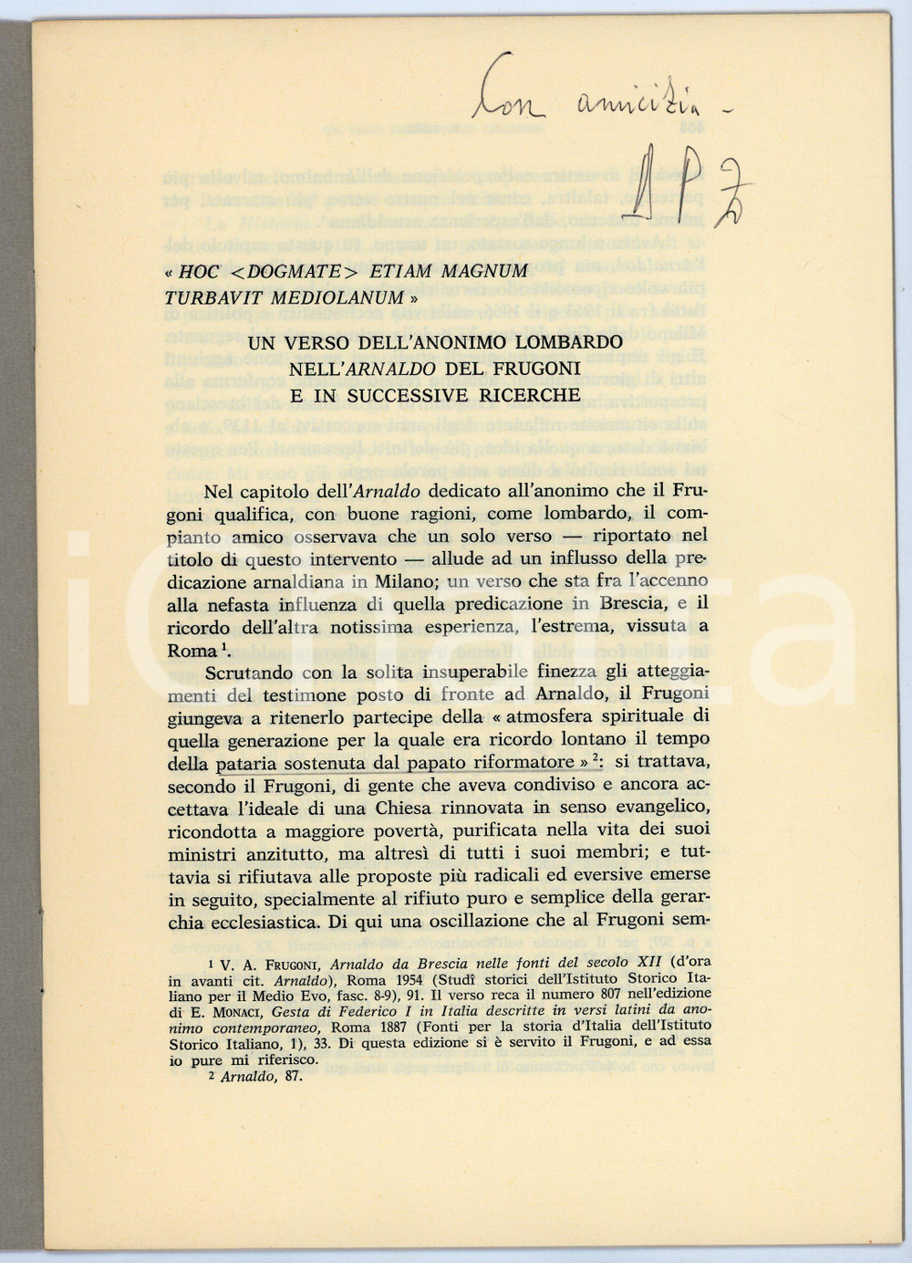Libro, pubblicazione d'epoca 1973 Piero ZERBI Verso dell'anonimo lombardo nell'Arnaldo del Frugoni AUTOGRAFO 1
