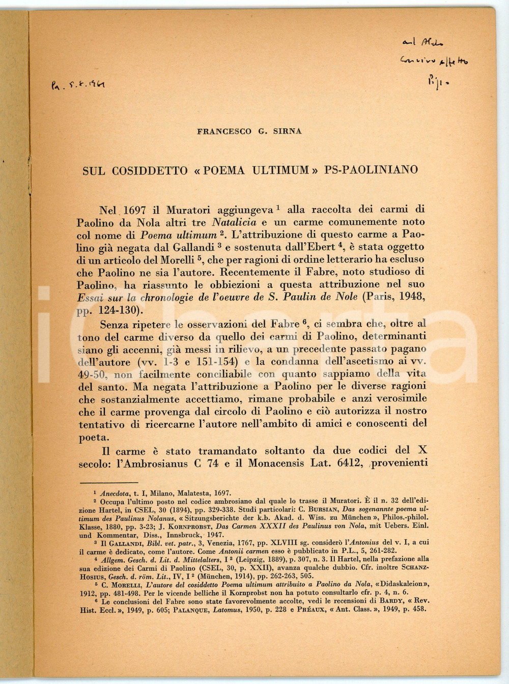 Libro, pubblicazione d'epoca 1961 Francesco G. SIRNA Sul cosiddetto Poema ultimum PS-Paoliniano - AUTOGRAFO 1