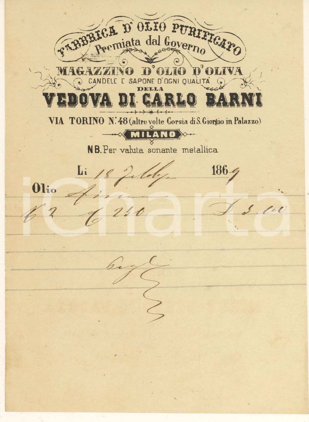 Documento originale, autentico 1869 MILANO Via Torino - Vedova di Carlo BARNI Fabbrica olio *Ricevuta 1
