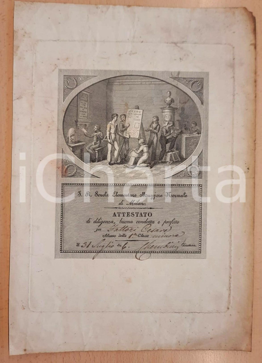 Oggetto da collezione cartaceo 1826 MILANO I. R. Scuola Elementare Maggiore Normale - Attestato buona condotta 1