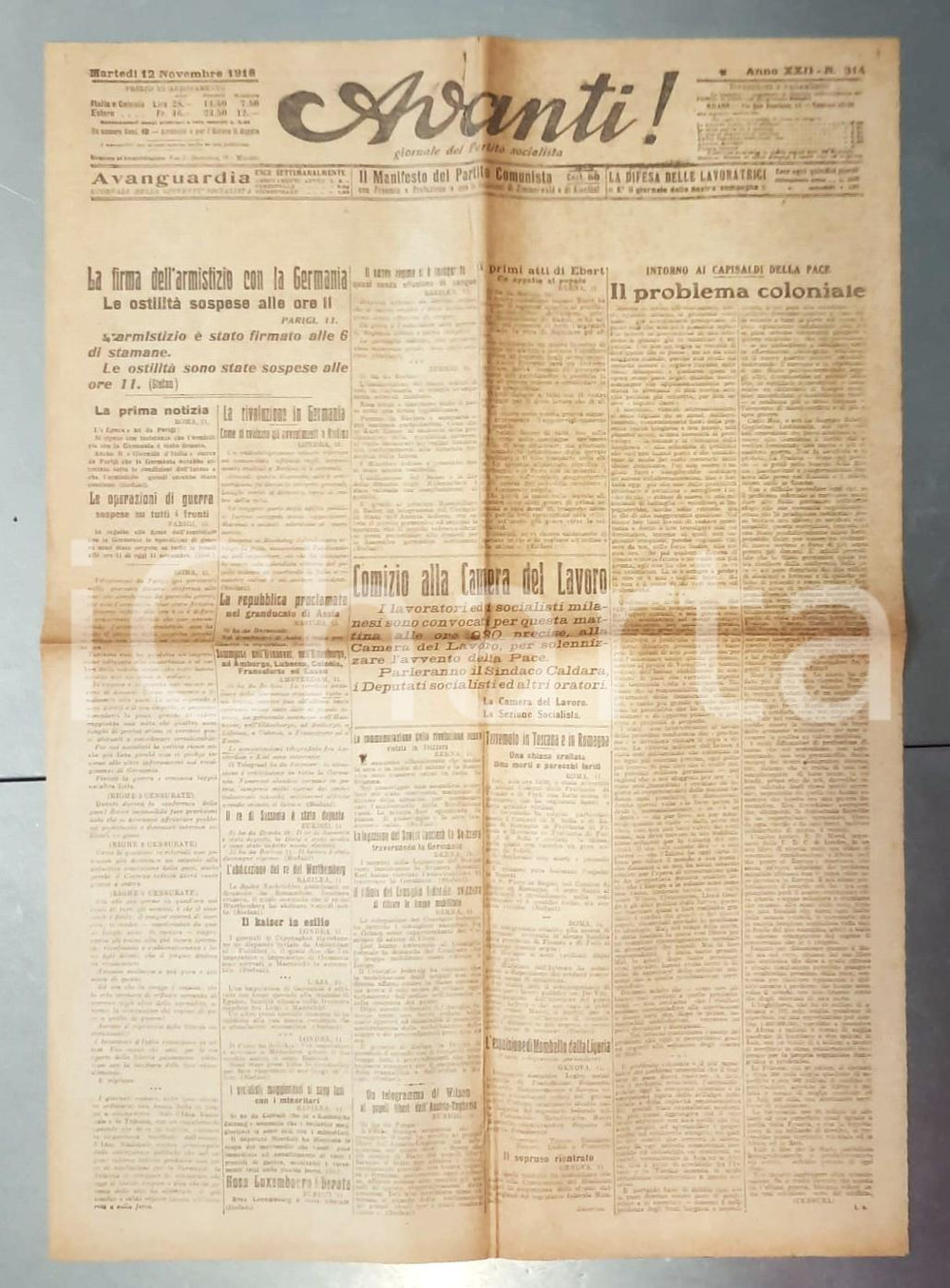 Giornale, rivista storica 1918 WW1 AVANTI! Firma dell'armistizio con la Germania *Giornale RARO 1