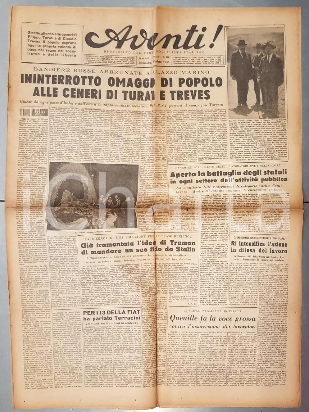 Giornale, rivista storica 1948 AVANTI! - Omaggio a Milano alle ceneri di Turati e Treves *Giornale 1