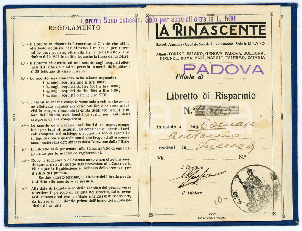 Oggetto da collezione cartaceo 1924 PADOVA Libretto di risparmio LA RINASCENTE - 9x13 cm 1