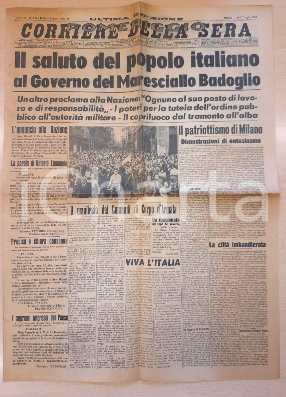 Giornale, rivista storica 1943 WW2 CORRIERE DELLA SERA Governo del Maresciallo Badoglio *Giornale 1