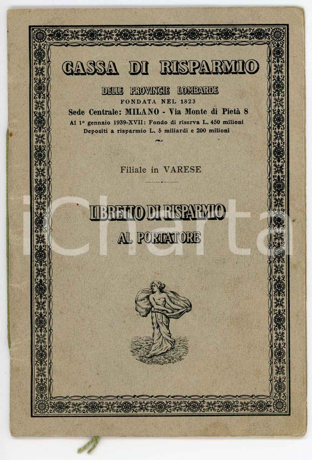 Oggetto da collezione cartaceo 1940 VARESE Cassa di risparmio delle province lombarde - Libretto di risparmio 1