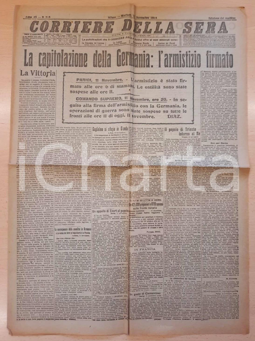 Giornale, rivista storica 1918 WW1 CORRIERE DELLA SERA Capitolazione della Germania - Armistizio *Giornale 1