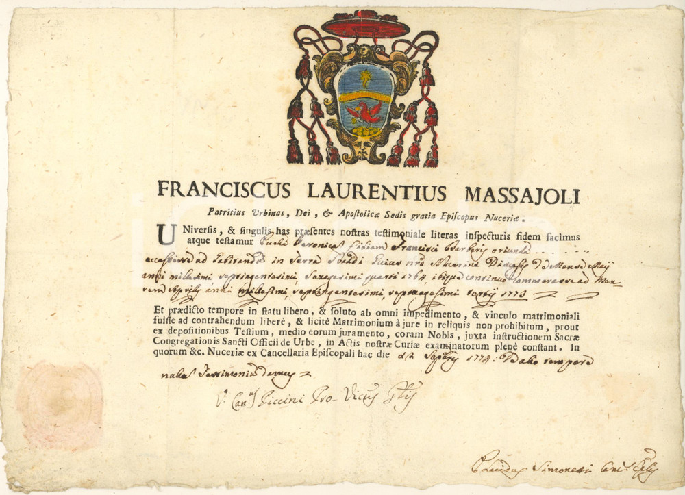 Documento originale, autentico 1774 GUALDO TADINO Fede di stato libero di Veronica BARBERI - Diocesi Urbino 1