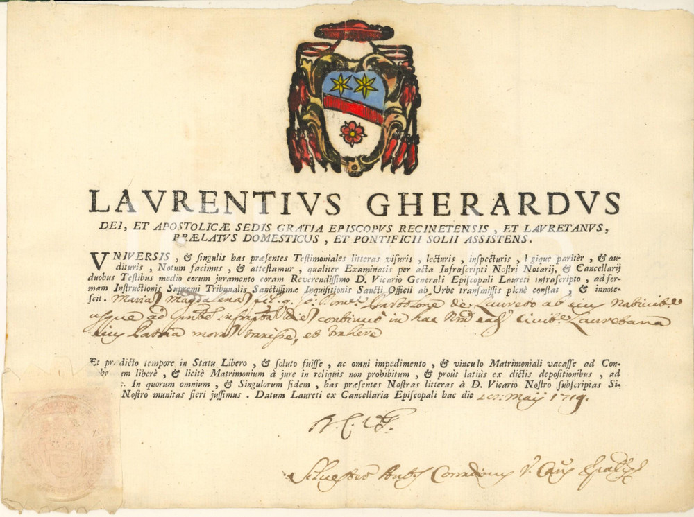 Documento originale, autentico 1719 LORETO (AN) Fede di stato libero di Maria Maddalena BARTOLONI 1