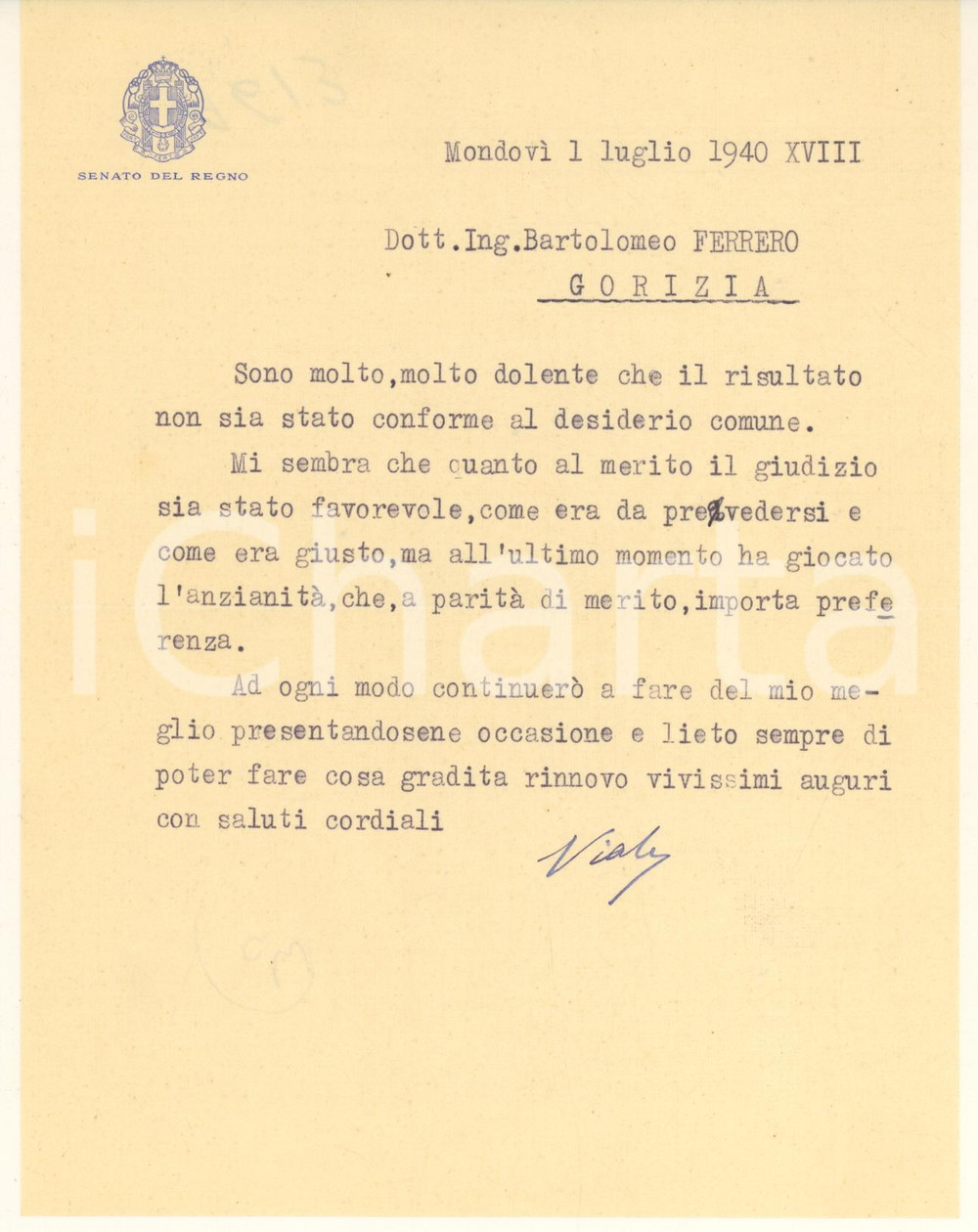 Autografo originale 1940 MONDOVI' (CN) Lettera sen. Guido VIALE a un amico deluso *AUTOGRAFO 1