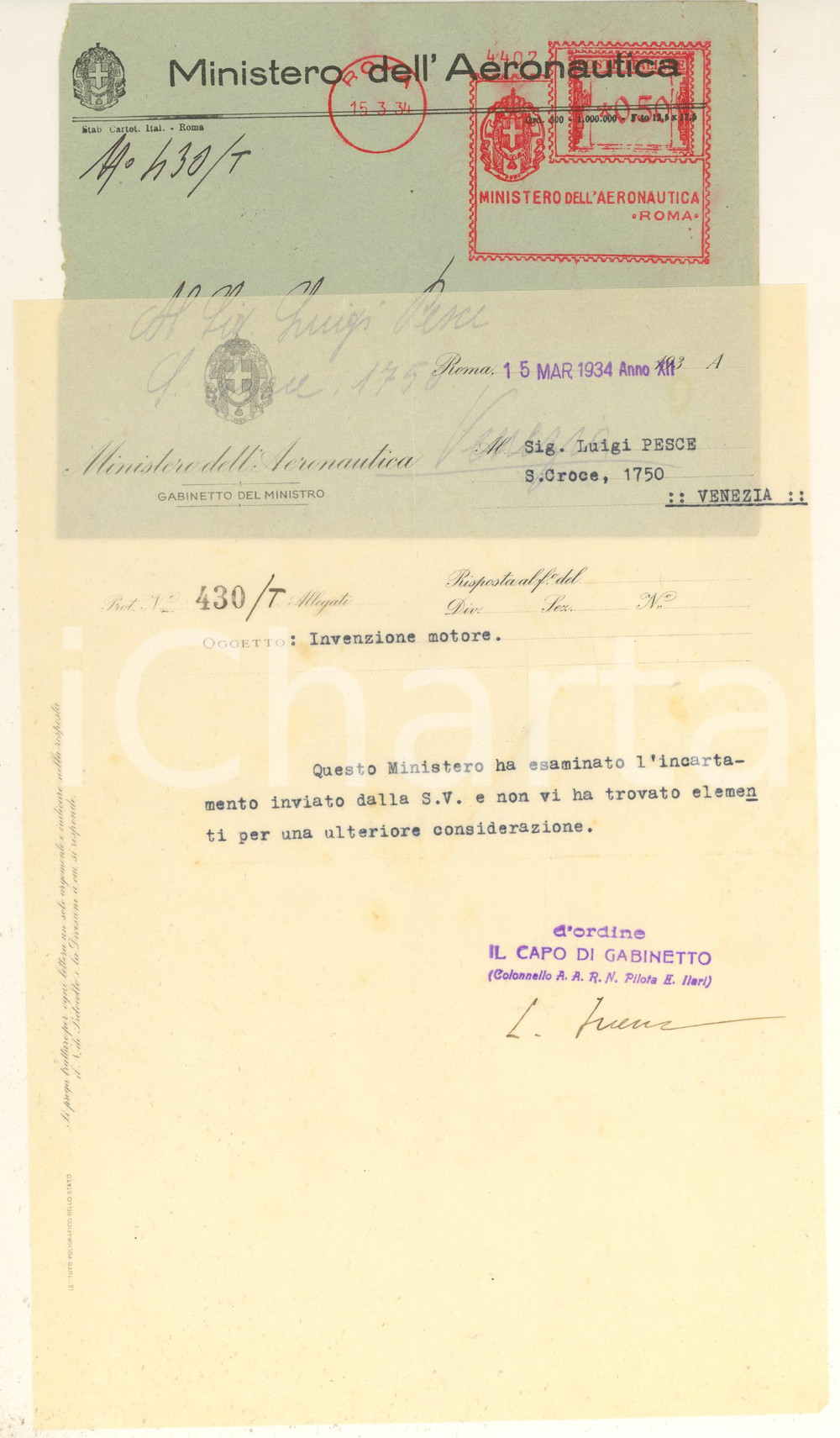 Autografo originale 1934 ROMA Ministero dell'Aeronautica - Lettera Eraldo ILARI *AUTOGRAFO 1