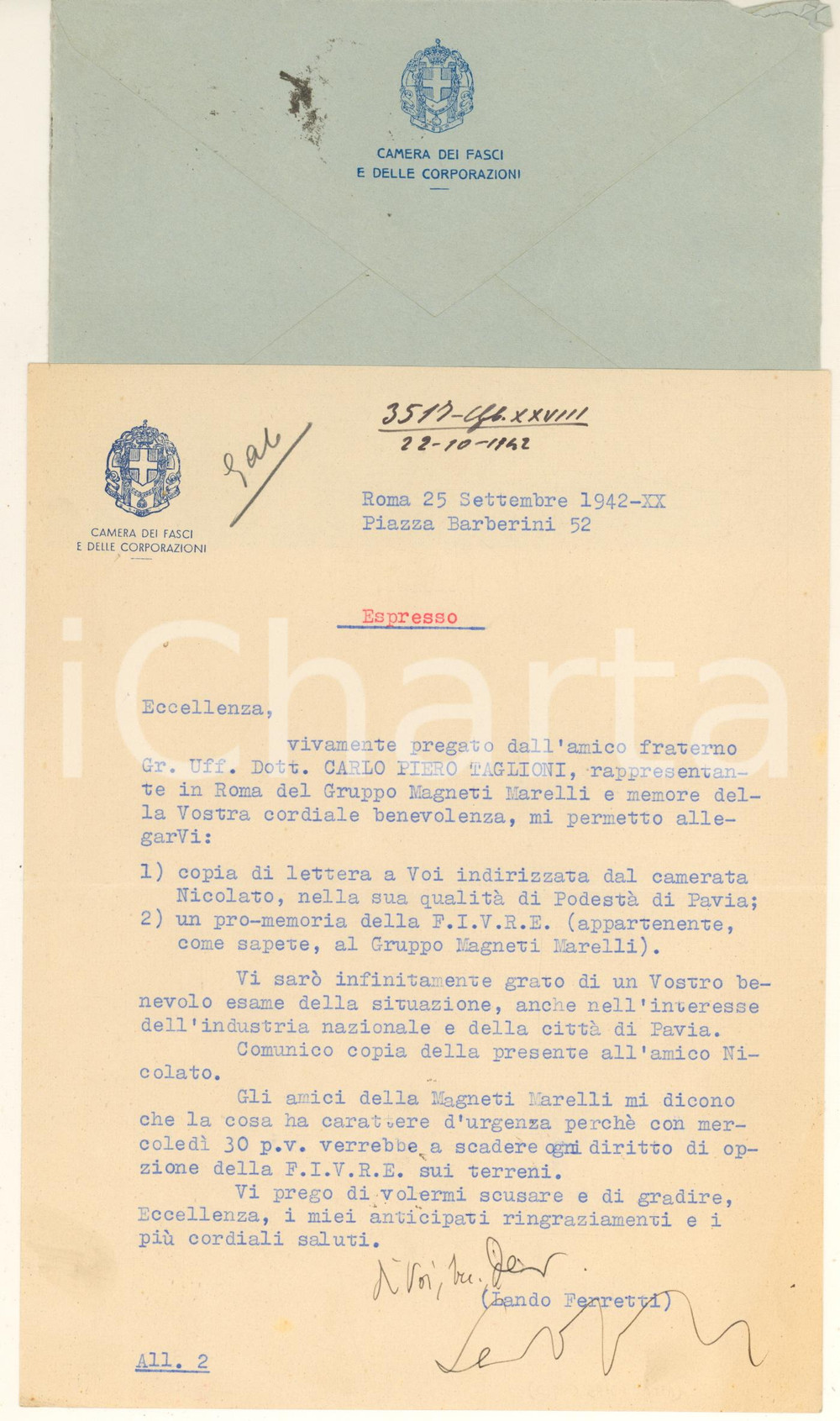 Autografo originale 1942 ROMA Camera dei Fasci - Lettera Lando FERRETTI pro amico *AUTOGRAFO 1