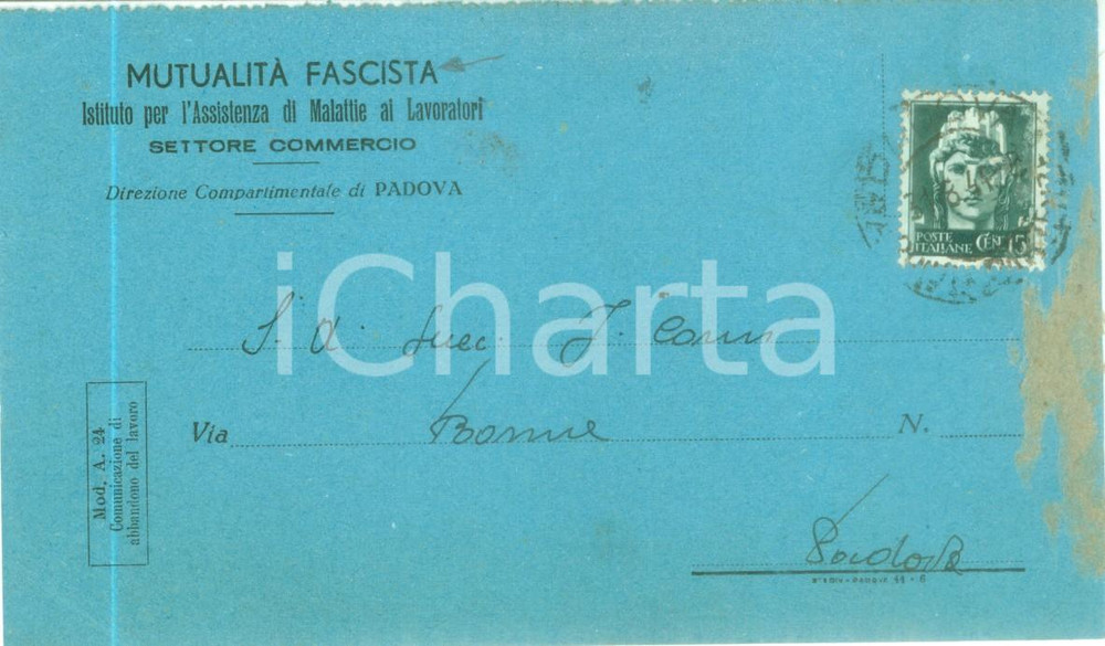 Cartolina originale da collezione 1944 PADOVA Mutualità Fascista Assistenza Malattie Lavoratori Cartolina 1