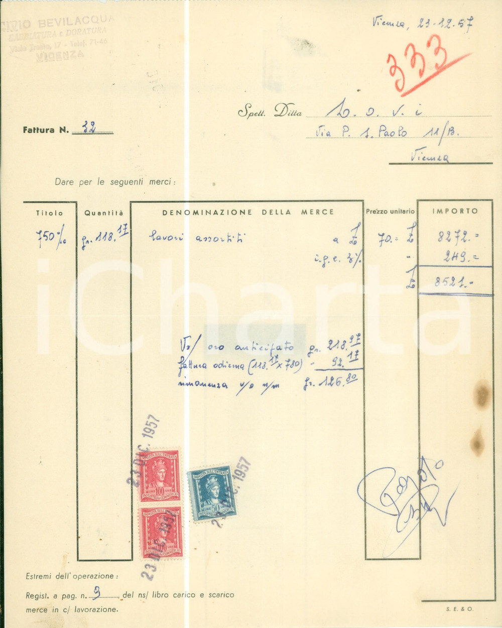 Documento originale, autentico 1957 Livio BEVILACQUA Sabbiatura e doratura  Fattura commerciale 1