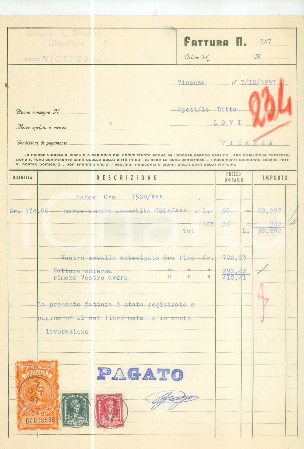 Documento originale, autentico 1957 VICENZA Coriolano BORGO Gioielliere Fattura commerciale 2 1