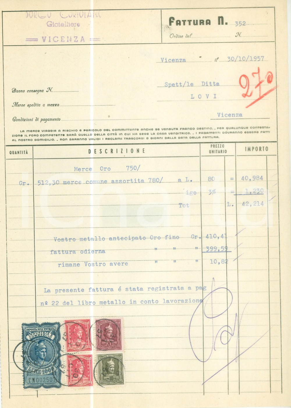 Documento originale, autentico 1957 VICENZA Coriolano BORGO Gioielliere Fattura commerciale 3 1