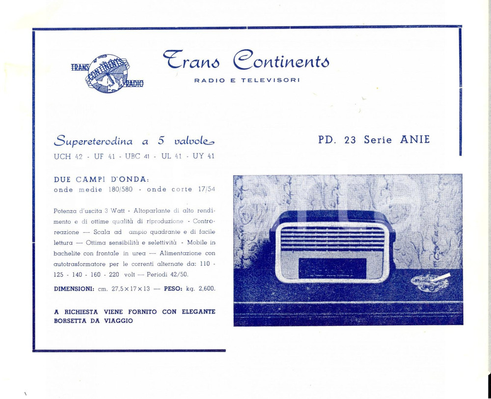 Materiale pubblicitario d’epoca 1960 ca TRANS CONTINENTS Radio e televisori  Supereterodina Volantino velina 1