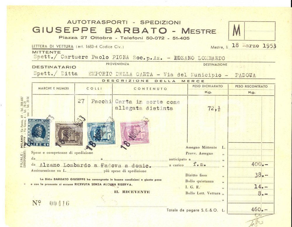 Documento originale, autentico 1953 MESTRE VE Autotrasporti Giuseppe BARBATO Lettera di vettura con bolli 1