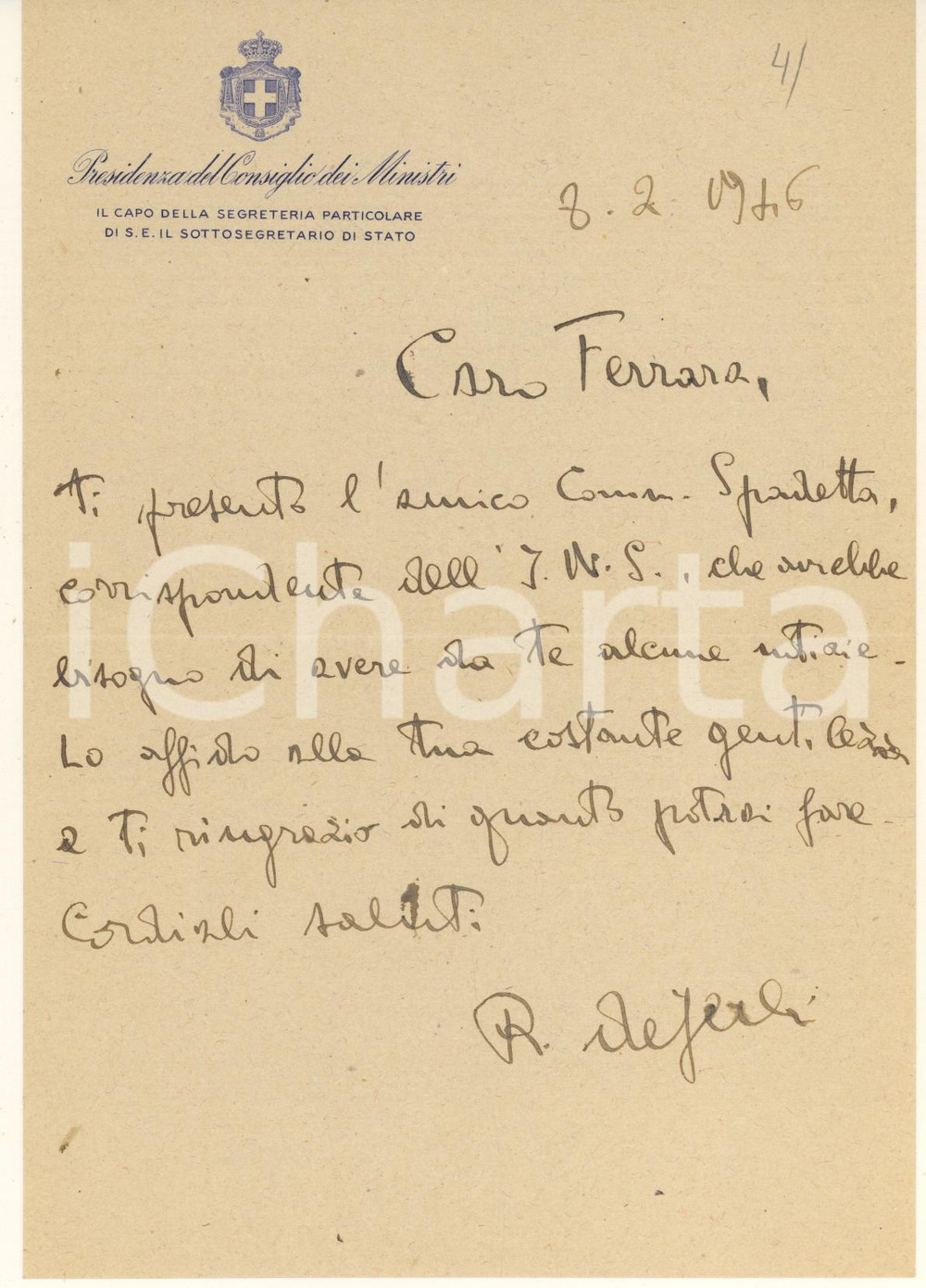 Manoscritto, lettera originale 1946 ROMA Presidenza del Consiglio - Capo Segreteria Particolare *AUTOGRAFO 1
