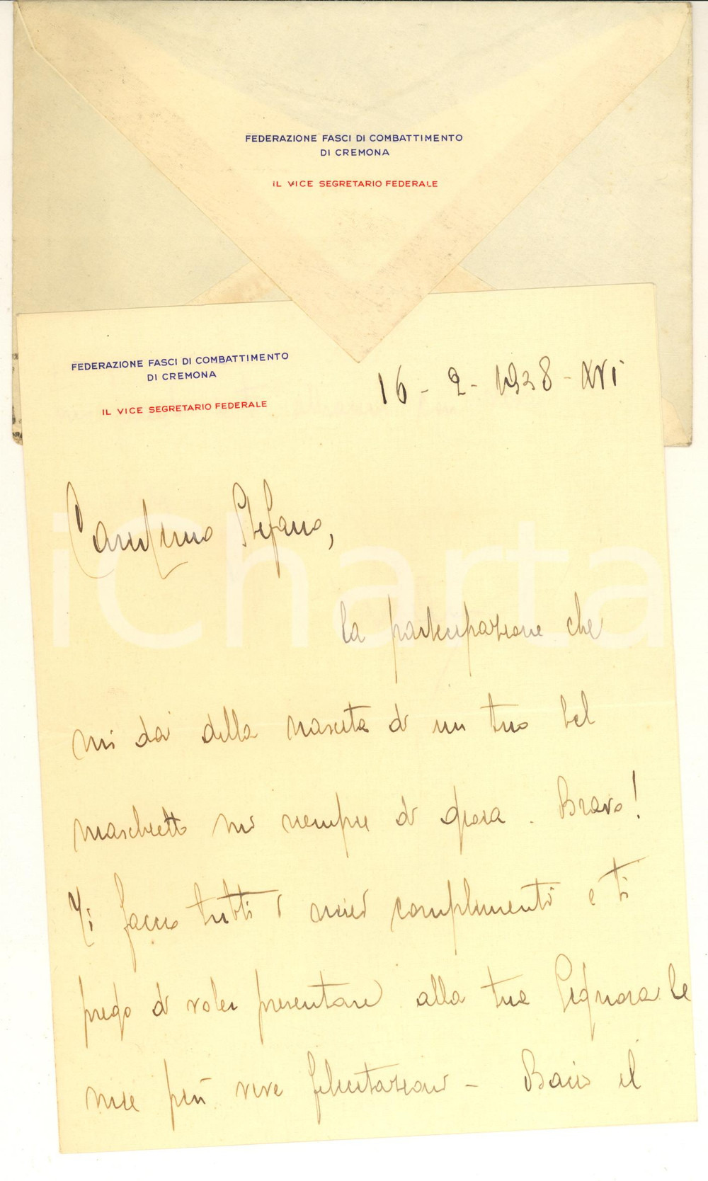 Manoscritto, lettera originale 1938 PNF CREMONA Lettera vice segretario federale per congratulazioni *AUTOGRAFO 1