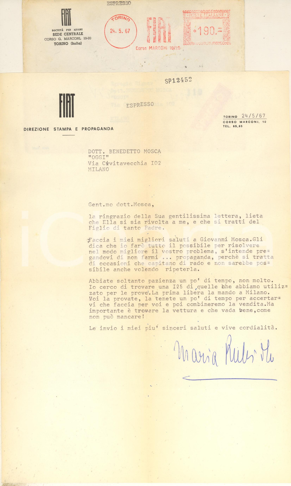 Autografo originale 1967 TORINO FIAT Direzione Stampa Propaganda - Lettera Maria RUBIOLO *Autografo 1