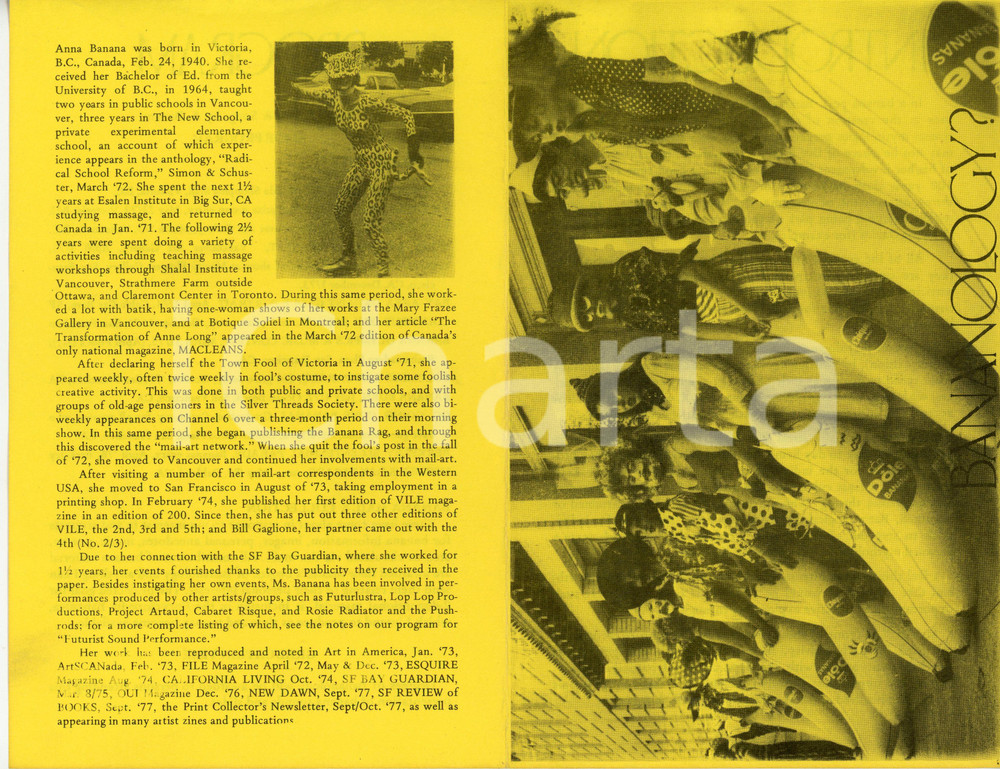 Libro, pubblicazione d'epoca 1975 ca Anna BANANA - BANANOLOGY? Brochure ZINE 14x21 cm 1