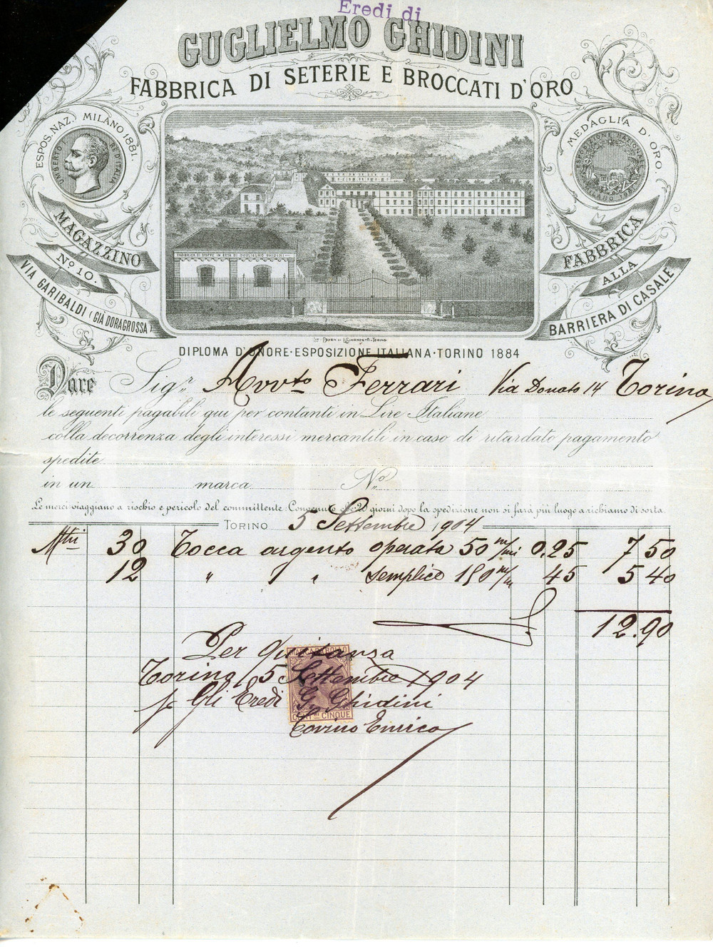 Documento originale, autentico 1904 TORINO Eredi di Guglielmo GHIDINI Seterie e broccati d'oro - Fattura 1