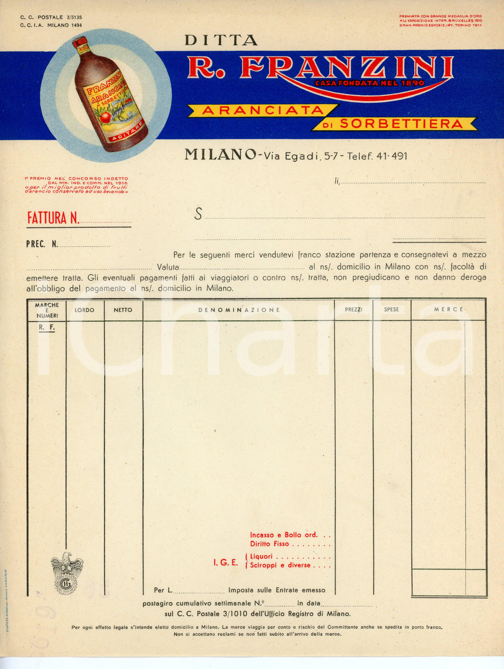 Documento originale, autentico 1930 ca MILANO Ditta R. FRANZINI Aranciata di sorbettiera *Fattura NON COMPILATA 1