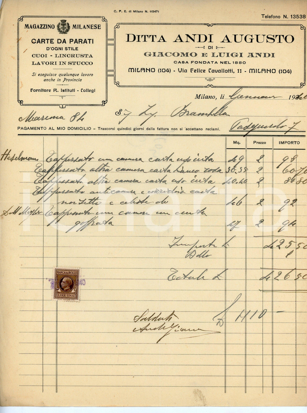 Documento originale, autentico 1940 MILANO Ditta Augusto ANDI Carte da parati - Fattura per tappezzeria 1