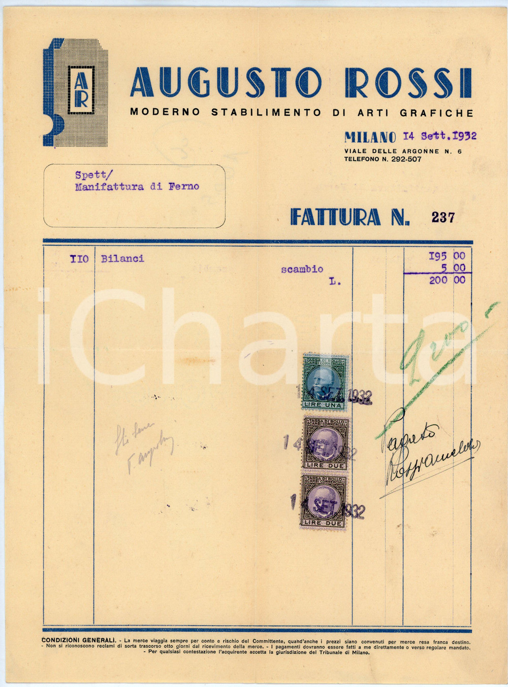 Documento originale, autentico 1932 MILANO Arti grafiche Augusto ROSSI Fattura per la Manifattura di FERNO 1