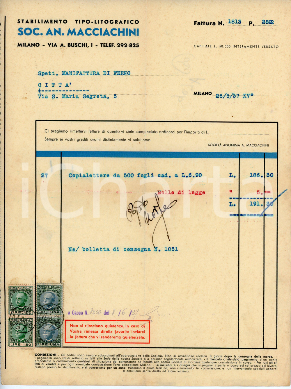 Documento originale, autentico 1937 MILANO Stabilimento tipo-litografico MACCIACHINI Fattura Manifattura FERNO 1