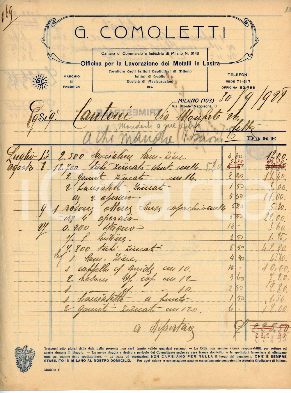 Documento originale, autentico 1928 MILANO Via Monte Napoleone 3  Officina G. COMOLETTI Fattura tubi zincati 1