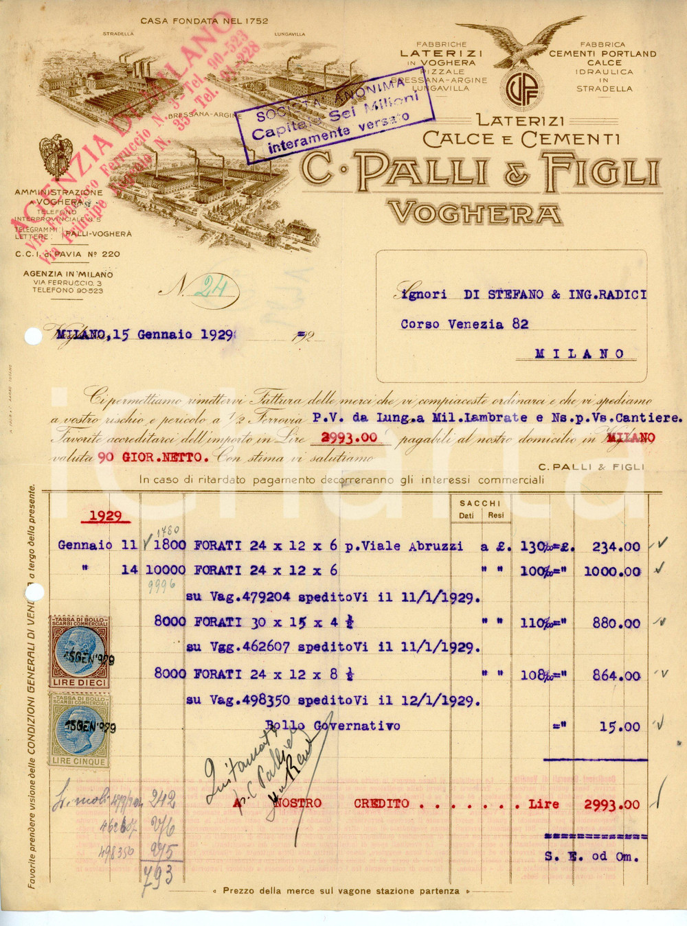 Documento originale, autentico 1929 VOGHERA Ditta C. PALLI E FIGLI Calce e cementi - Fattura per mattoni forati 1