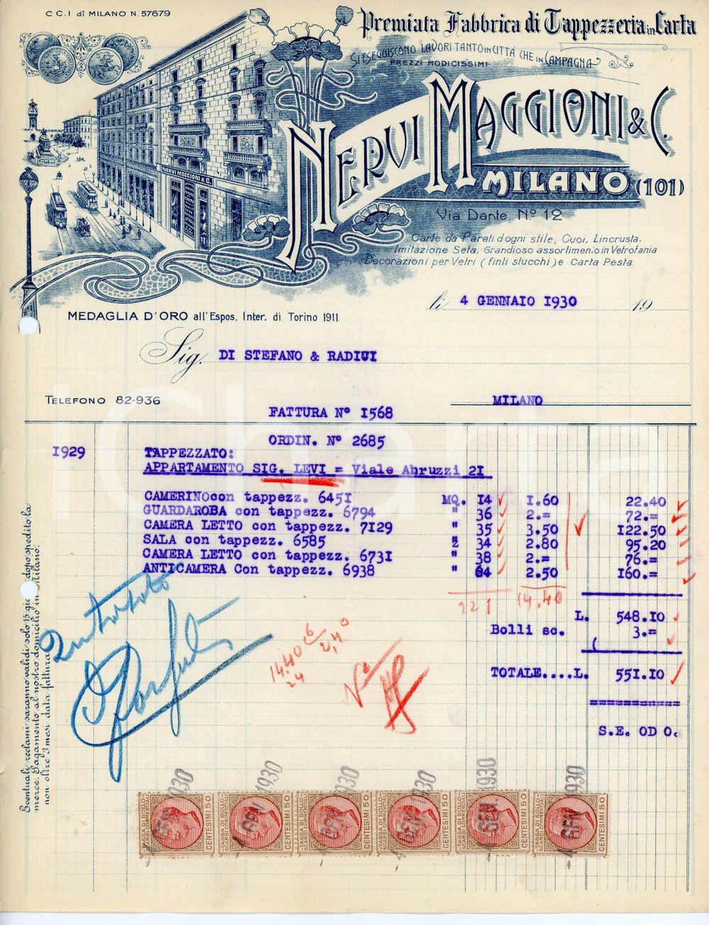 Documento originale, autentico 1930 MILANO Tappezzeria NERVI, MAGGIONI E C. Fattura lavori in Viale Abruzzi 21 1
