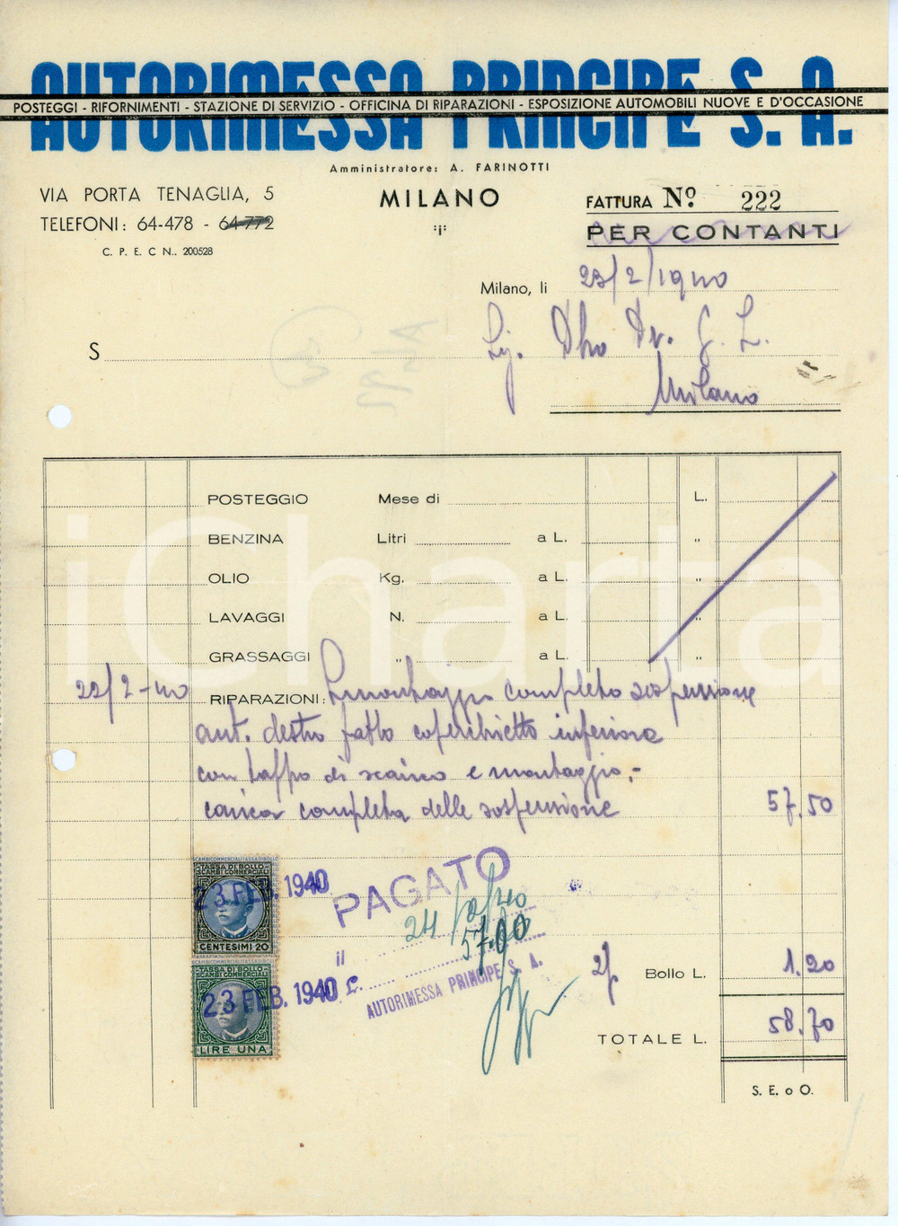 Documento originale, autentico 1940 MILANO Via Porta Tenaglia 5 AUTORIMESSA PRINCIPE Fattura 20x28 cm 1