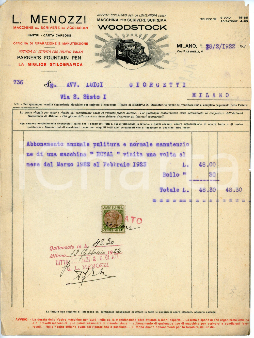 Documento originale, autentico 1922 MILANO Ditta L. MENOZZI Fattura per manutenzione macchina da scrivere ROYAL 1