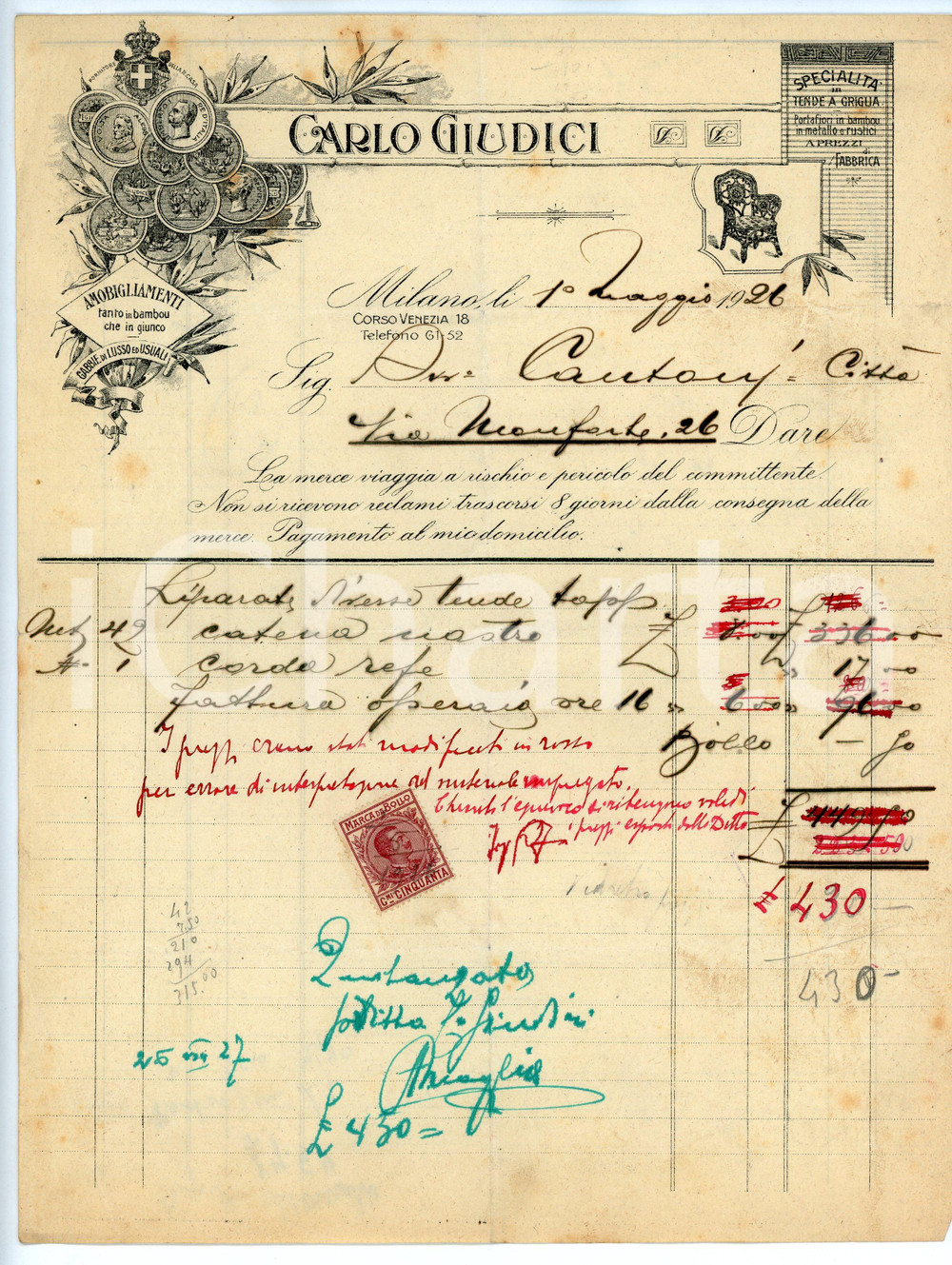 Documento originale, autentico 1926 MILANO Ditta Carlo GIUDICI Amobigliamenti in bambou e in giunco - Fattura 1