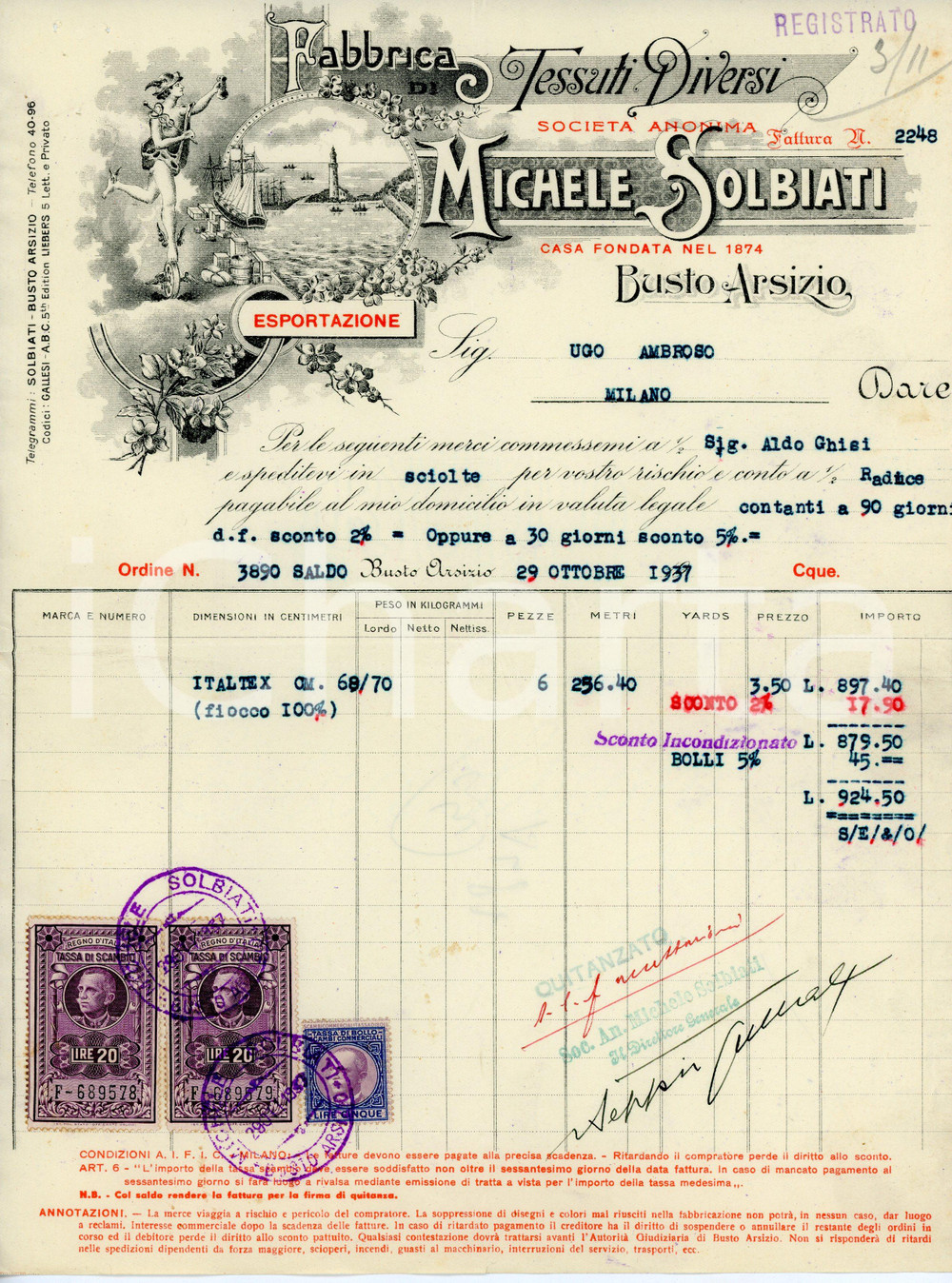 Documento originale, autentico 1937 BUSTO ARSIZIO Michele SOLBIATI Fabbrica di tessuti diversi *Fattura ITALTEX 1