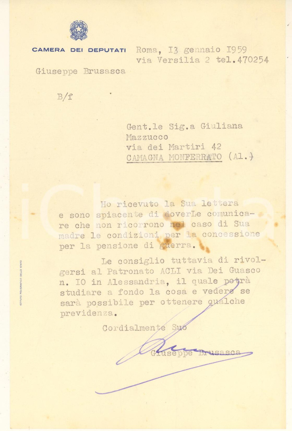 Autografo originale 1959 ROMA On. Giuseppe BRUSASCA - Lettera pensione di guerra *Autografo 1