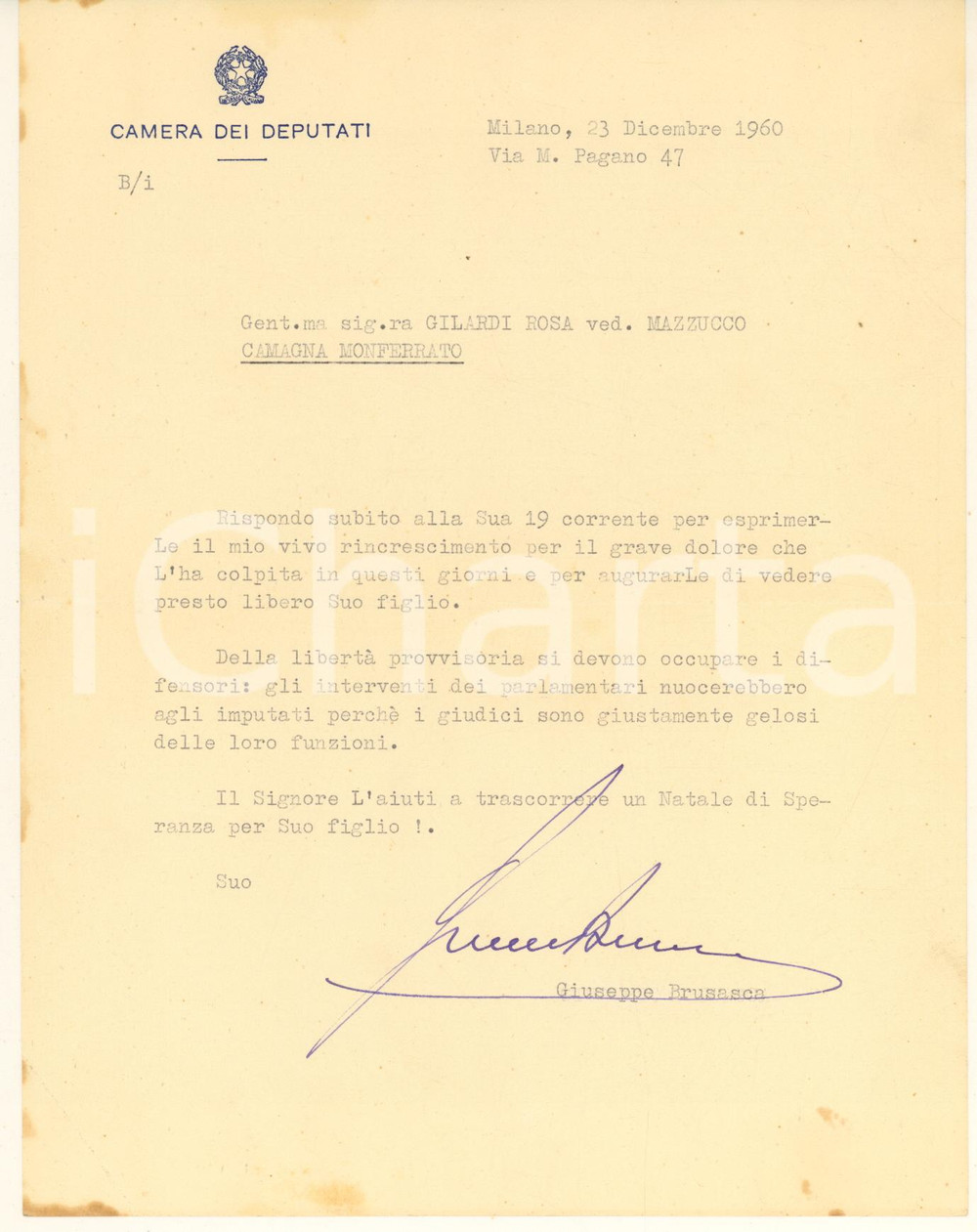 Autografo originale 1960 MILANO On. Giuseppe BRUSASCA - Lettera a una madre *Autografo 1