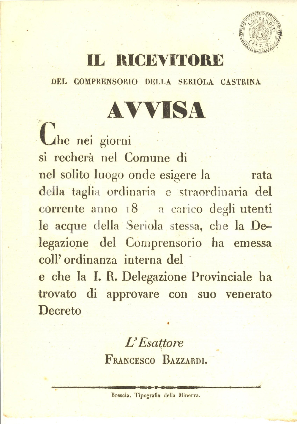 Documento originale, autentico 1820 ca BRESCIA - SERIOLA CASTRINA - Visita ricevitore per la taglia *Avviso 1