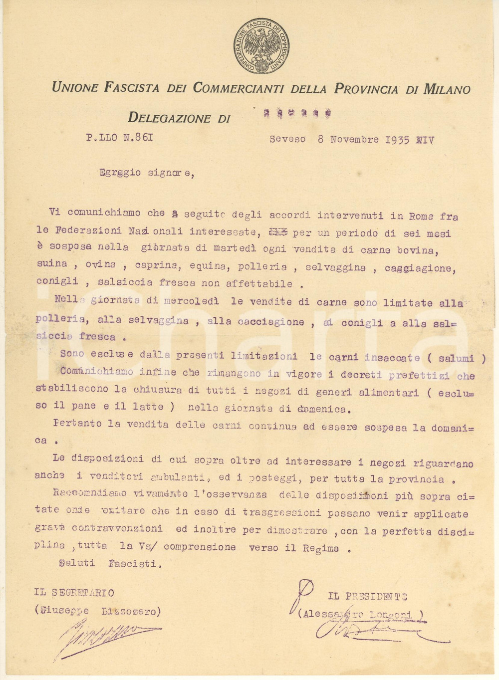 Documento originale, autentico 1935 AUTARCHIA SEVESO (MB) Federazione Commercio - Sospensione vendita carne 1
