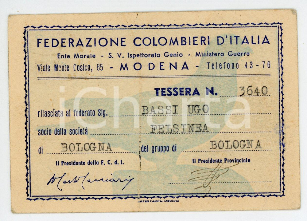 Oggetto da collezione cartaceo 1948 BOLOGNA Federazione Colombieri d'Italia *Tessera Ugo BASSI Società FELSINEA 1