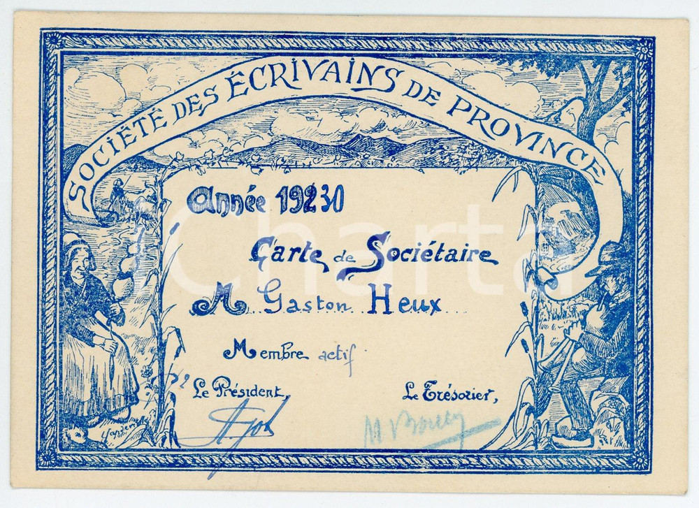 Oggetto da collezione cartaceo 1930 FRANCE - SOCIÉTÉ DES ÉCRIVAINS DE PROVINCE Carte de Gaston HEUX 1