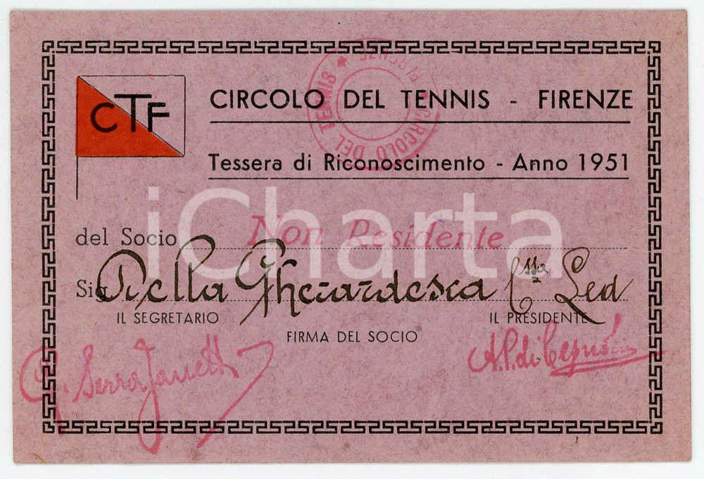 Oggetto da collezione cartaceo 1951 FIRENZE Circolo del tennis - Tessera della Contessa Lea DELLA GHERARDESCA 1