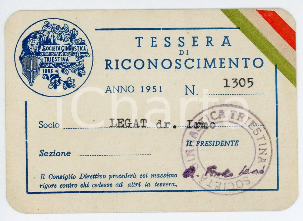 Oggetto da collezione cartaceo 1951 TRIESTE Società linguistica triestina - Tessera di Irmo LEGAT 1