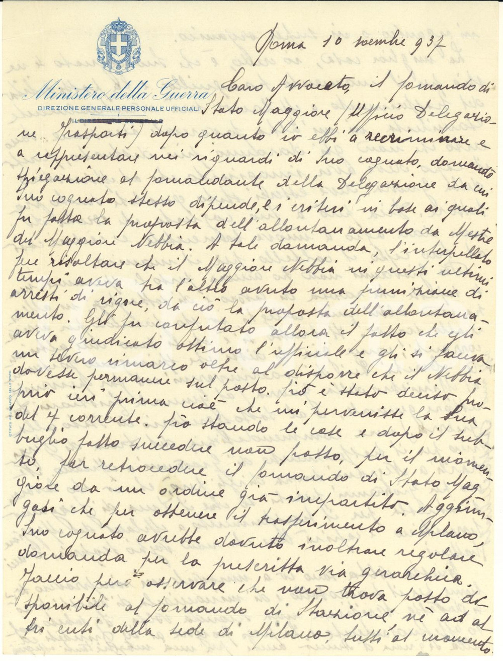 Autografo originale 1937 ROMA Ministero della Guerra - Raffaele MILO su trasferimento *Autografo 1