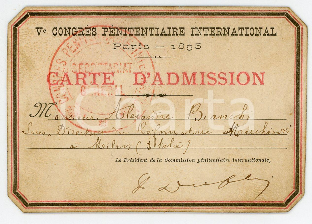 Oggetto da collezione cartaceo 1895 PARIS Congrès Pénitentiaire Don Alessandro BIANCHI Riformatorio MARCHIONDI 1